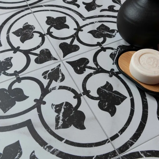 Bourton Black and White Marble Effect Pattern Wall and Floor Tiles