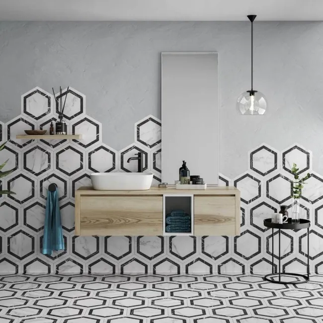 Venato Hexagon Dark Grey Marble Effect Tile