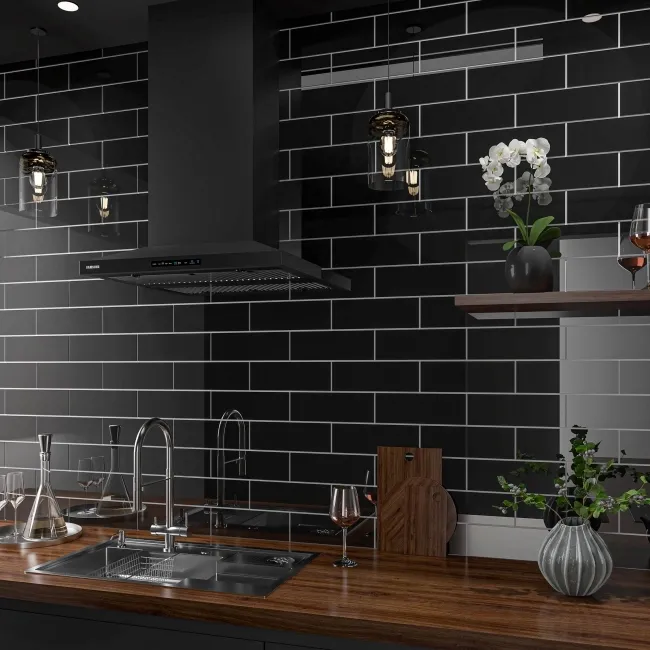 Bricks Black Gloss Ceramic Metro Wall Tiles 300x100x7mm